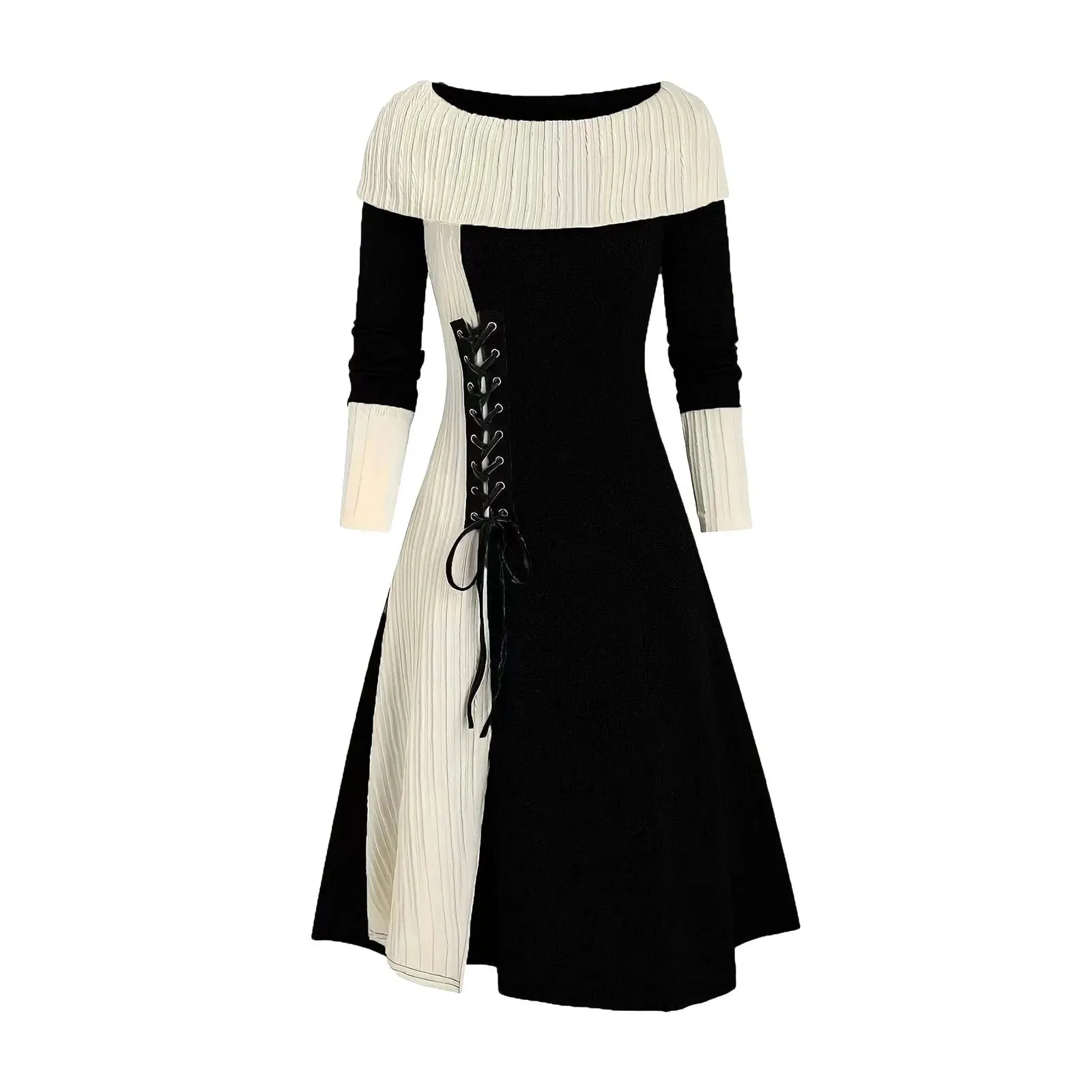 Autumn New Longline Patchwork Cable Knit Panel Full Sleeve Knit Dress For Winter Button Cowl Neck A Line Knitted Female Robe