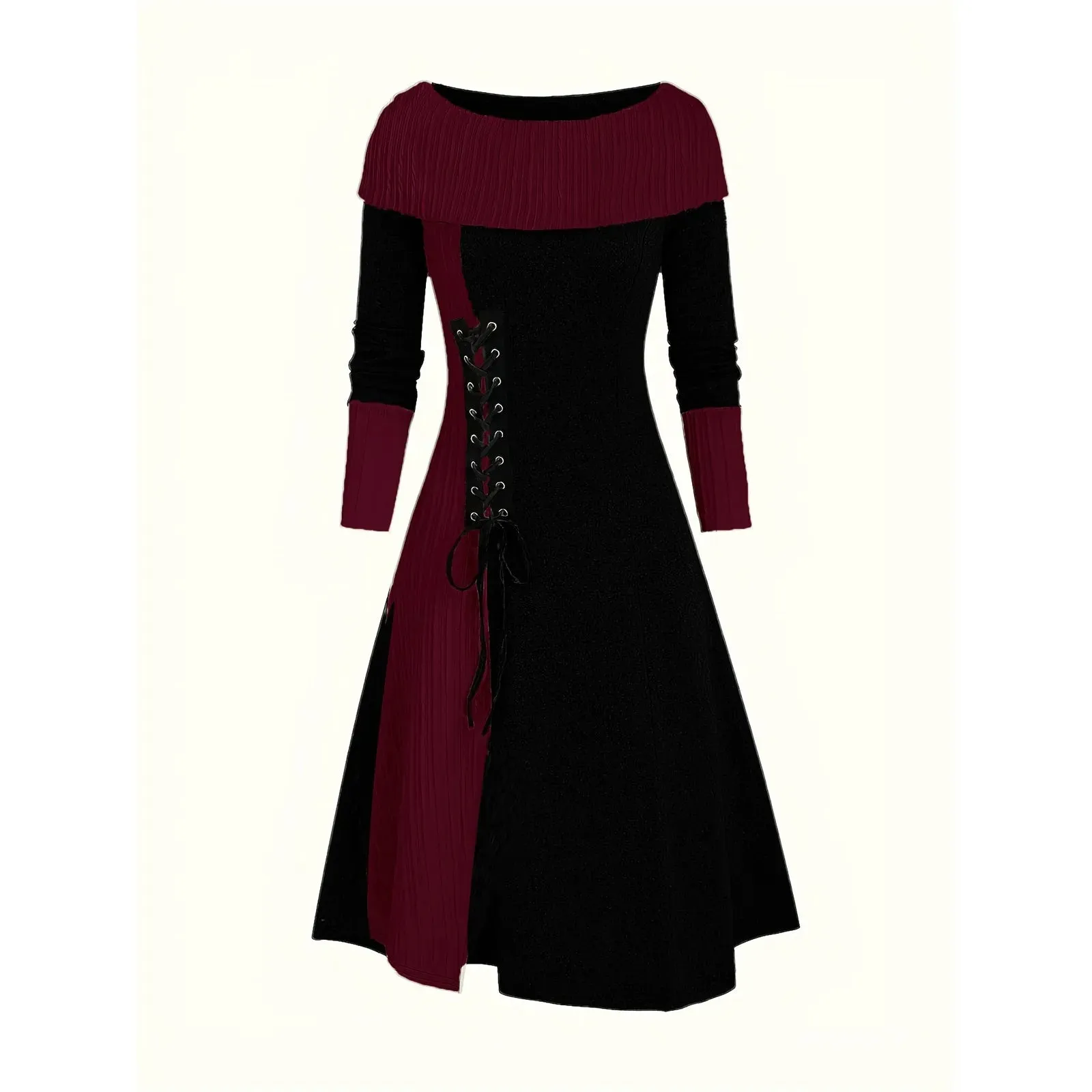 Autumn New Longline Patchwork Cable Knit Panel Full Sleeve Knit Dress For Winter Button Cowl Neck A Line Knitted Female Robe