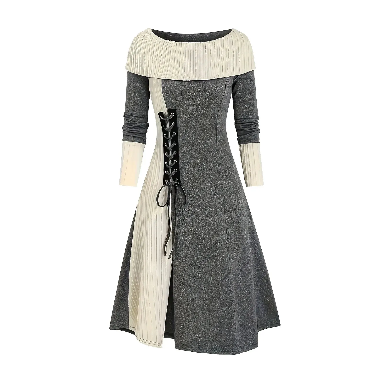 Autumn New Longline Patchwork Cable Knit Panel Full Sleeve Knit Dress For Winter Button Cowl Neck A Line Knitted Female Robe