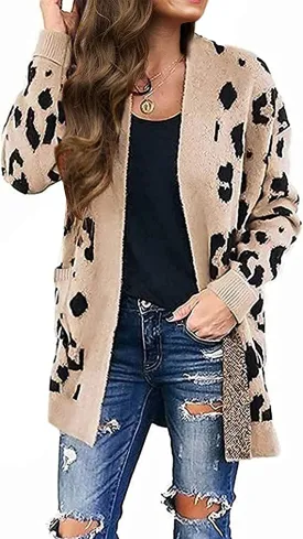 Beige Women's Open Front Leopard Knit Cardigan Sweaters Pockets Long Sleeve Outwear - MEROKEETY