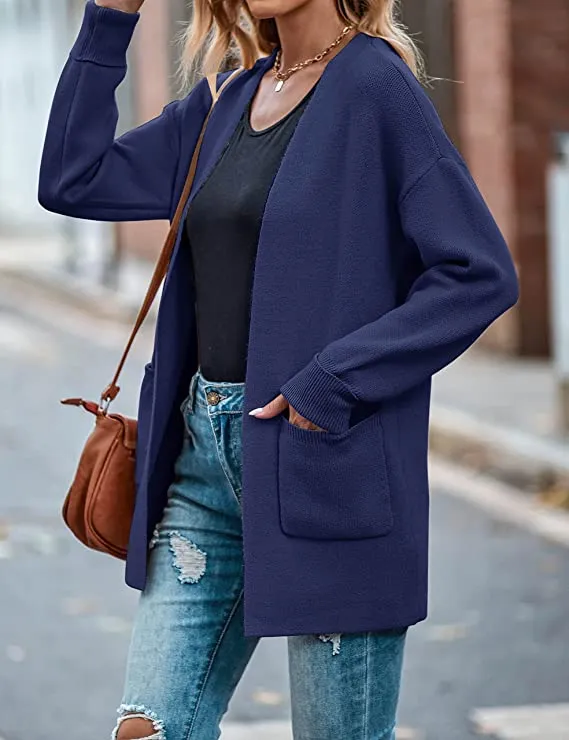 Beige Women's Open Front Leopard Knit Cardigan Sweaters Pockets Long Sleeve Outwear - MEROKEETY
