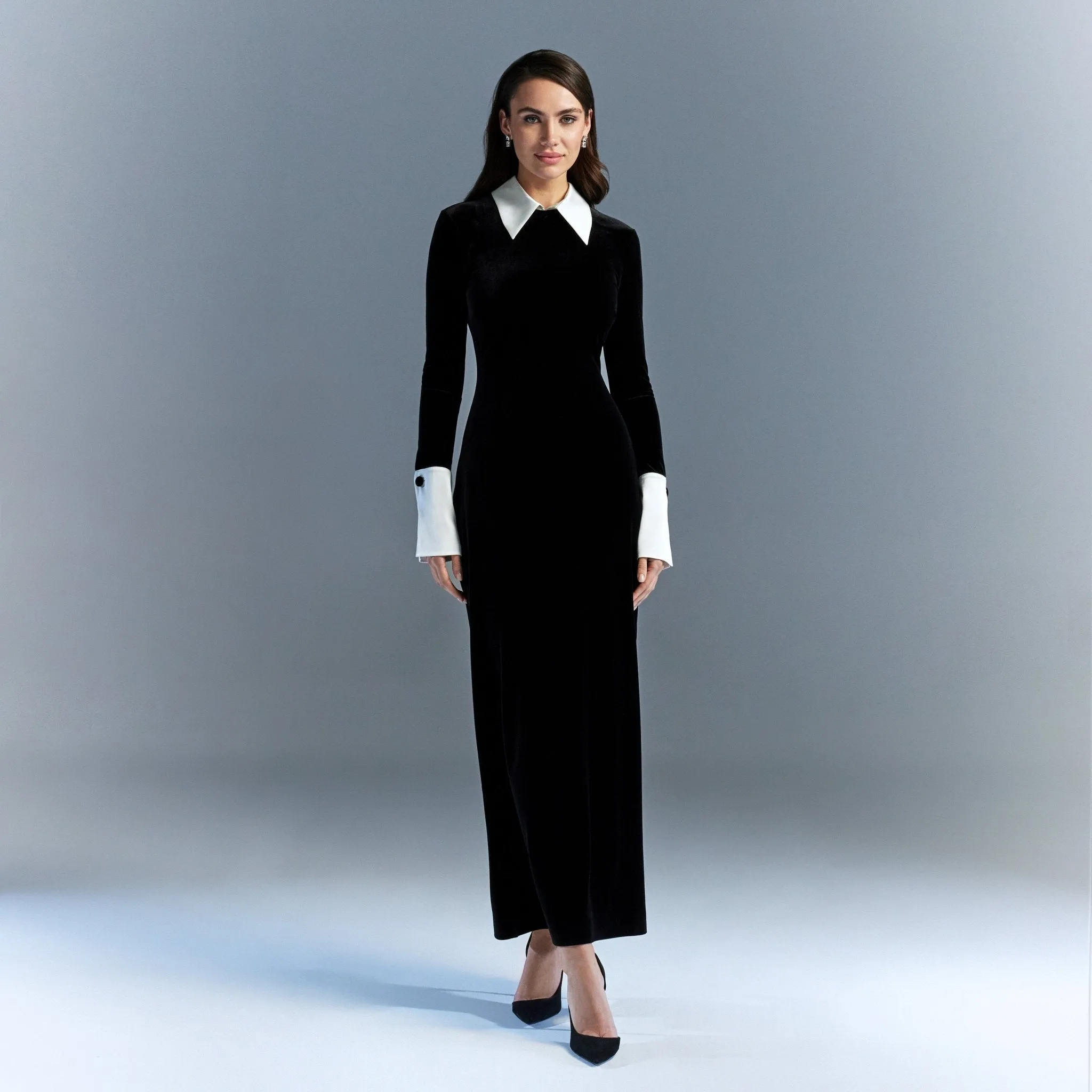 Black Velvet Maxi Dress with White Collar