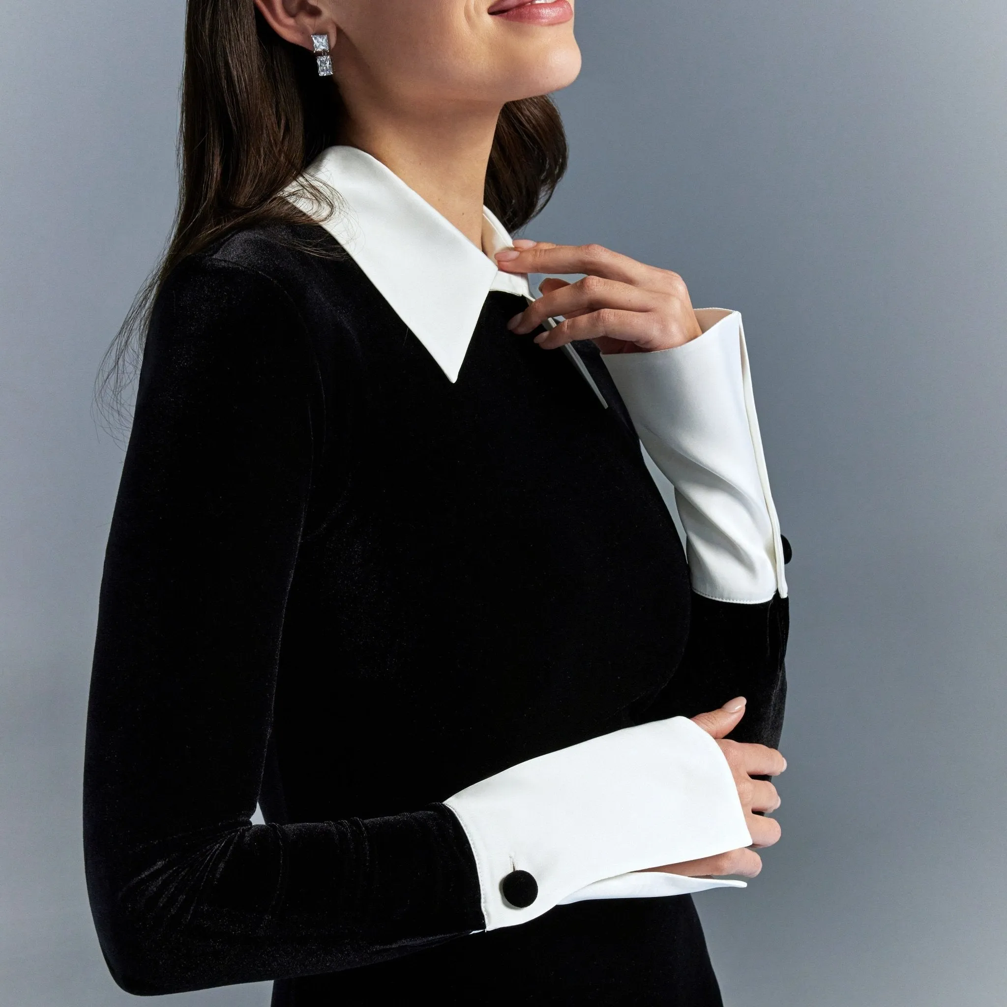 Black Velvet Maxi Dress with White Collar