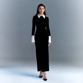 Black Velvet Maxi Dress with White Collar