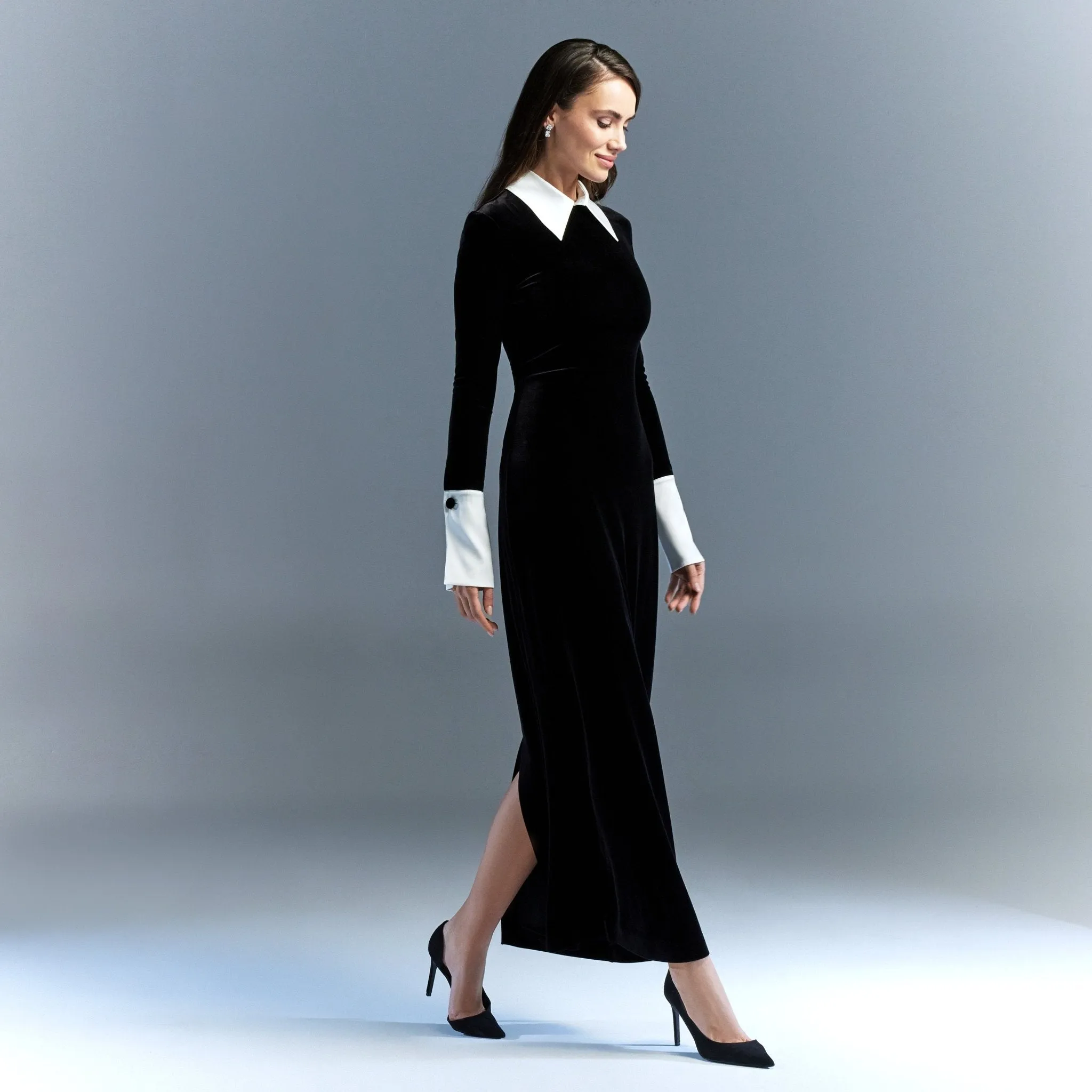 Black Velvet Maxi Dress with White Collar