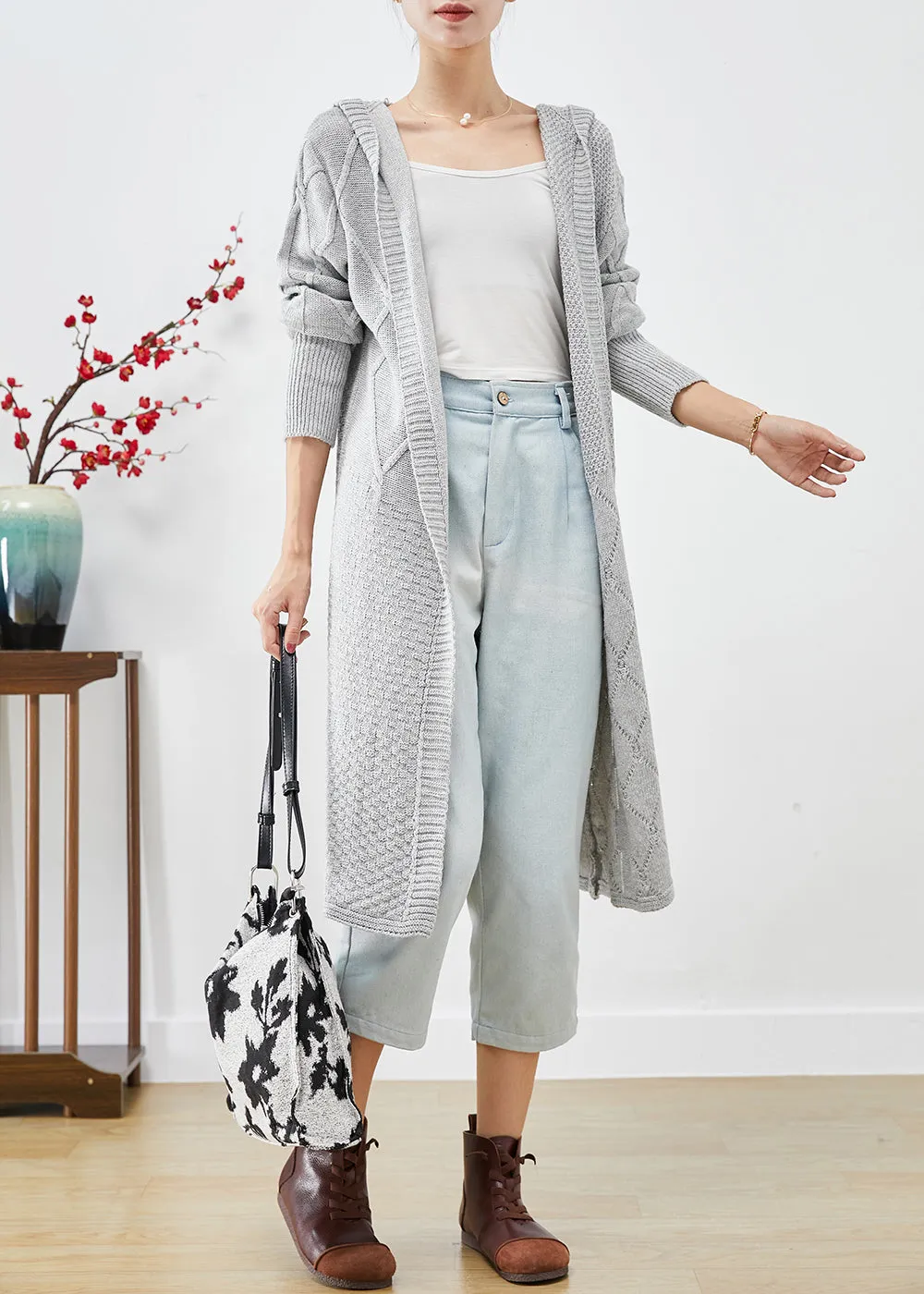 Bohemian Grey Hooded Oversized Knit Long Cardigans Fall LY9233