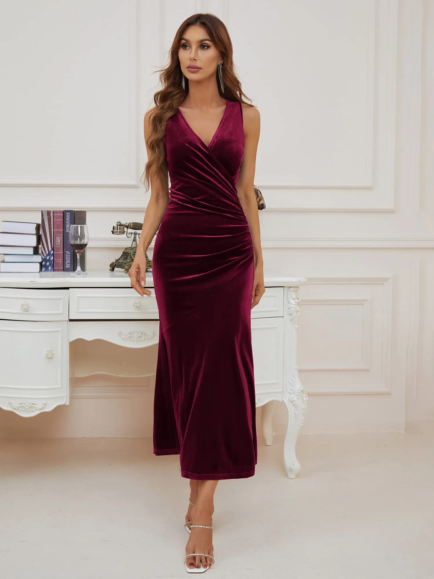 Burgundy Tank Dress Women's V Neck Wrap Long Sleeve Elegant Mermaid Velvet Cocktail Maxi Dress Evening Party - ZABERRY