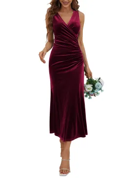 Burgundy Tank Dress Women's V Neck Wrap Long Sleeve Elegant Mermaid Velvet Cocktail Maxi Dress Evening Party - ZABERRY