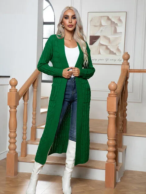 Cable Knit Long Sleeve Open Front Pocket Casual Sweater Cardigan Longline Duster