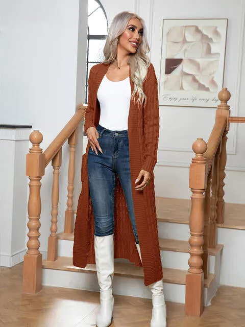 Cable Knit Long Sleeve Open Front Pocket Casual Sweater Cardigan Longline Duster