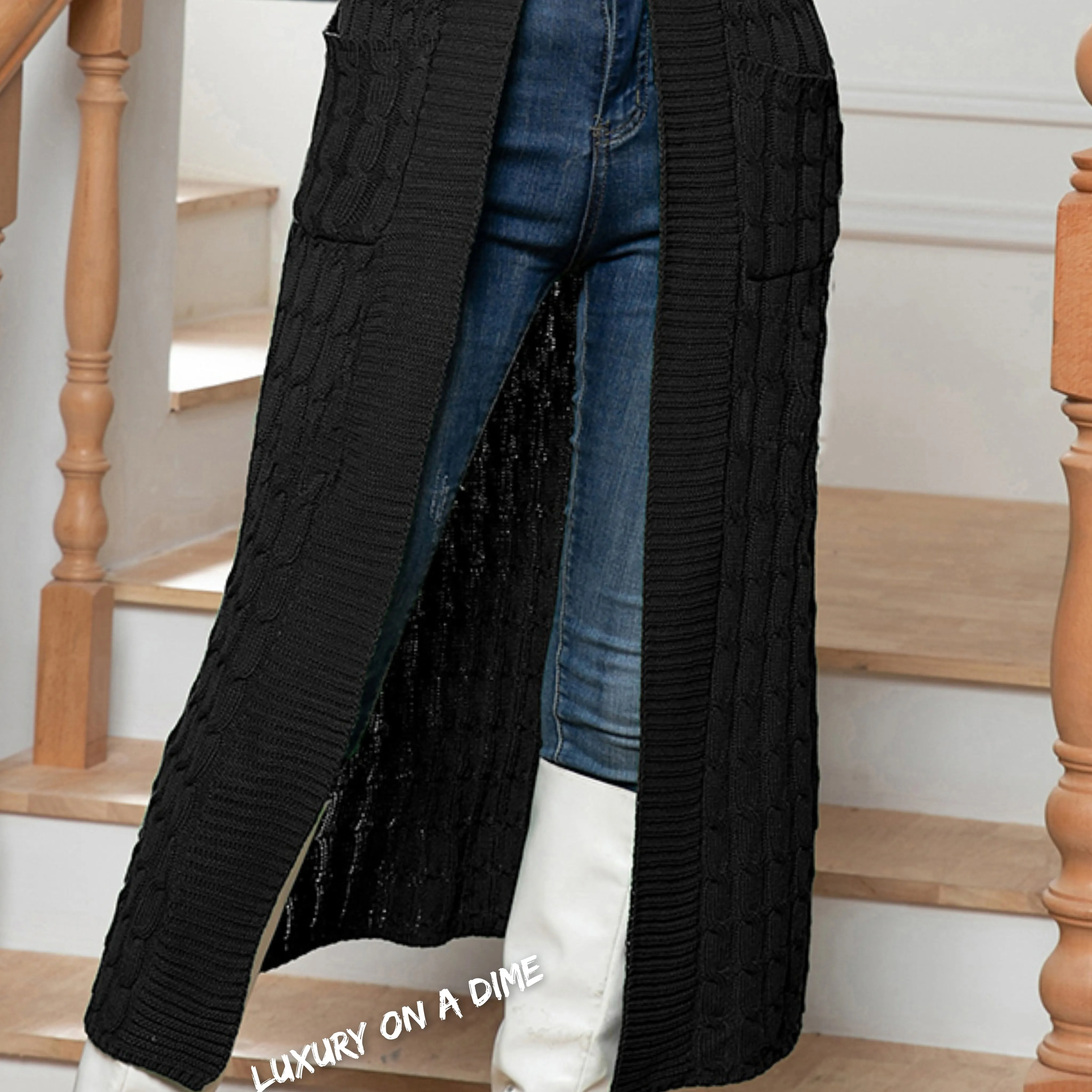 Cable Knit Long Sleeve Open Front Pocket Casual Sweater Cardigan Longline Duster