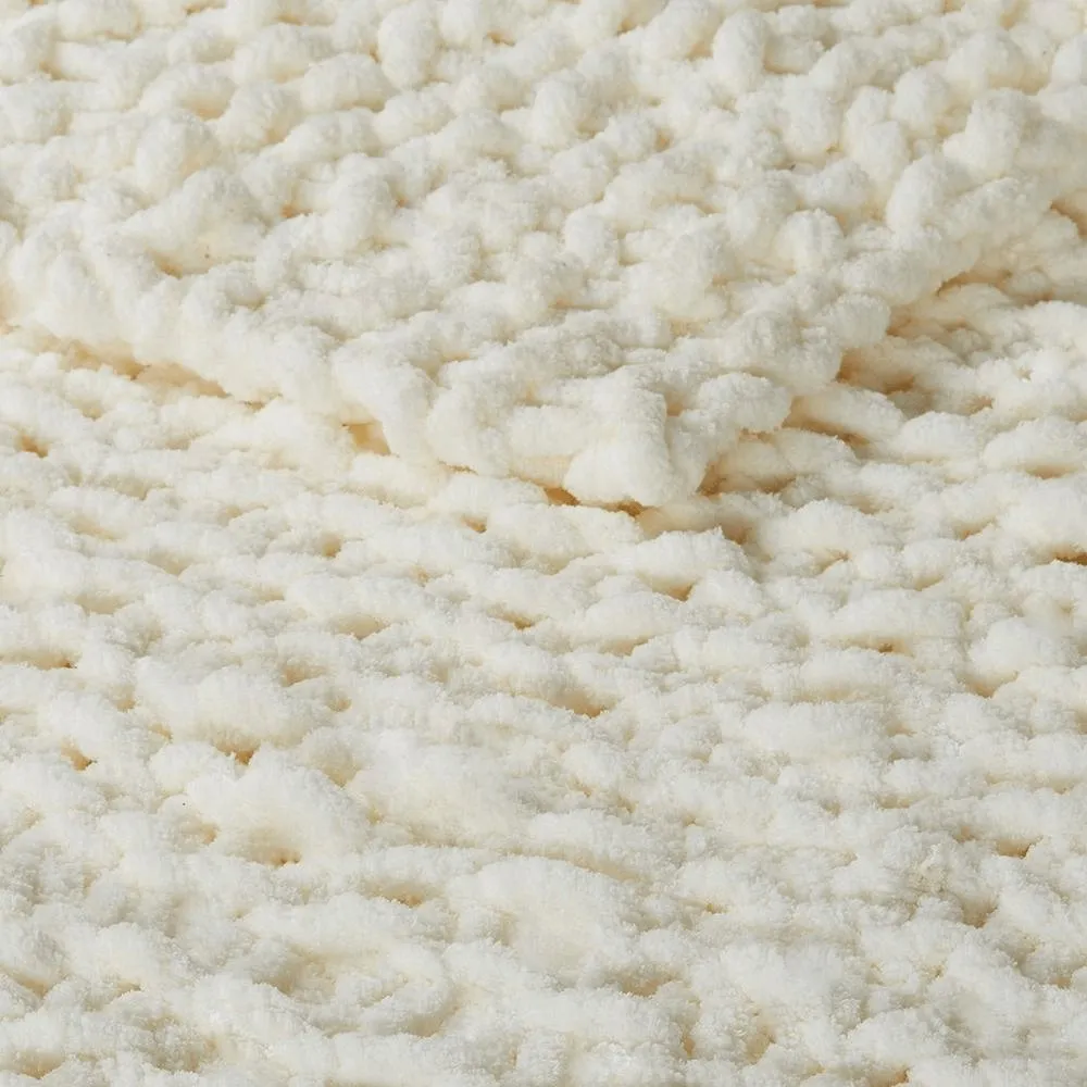 Chenille Handmade Chunky Knit Throw Blanket in Ivory