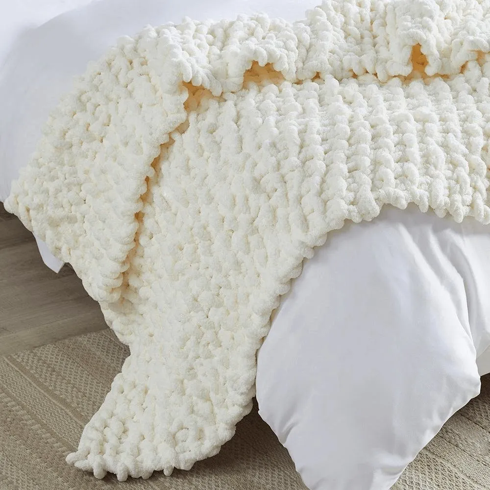 Chenille Handmade Chunky Knit Throw Blanket in Ivory