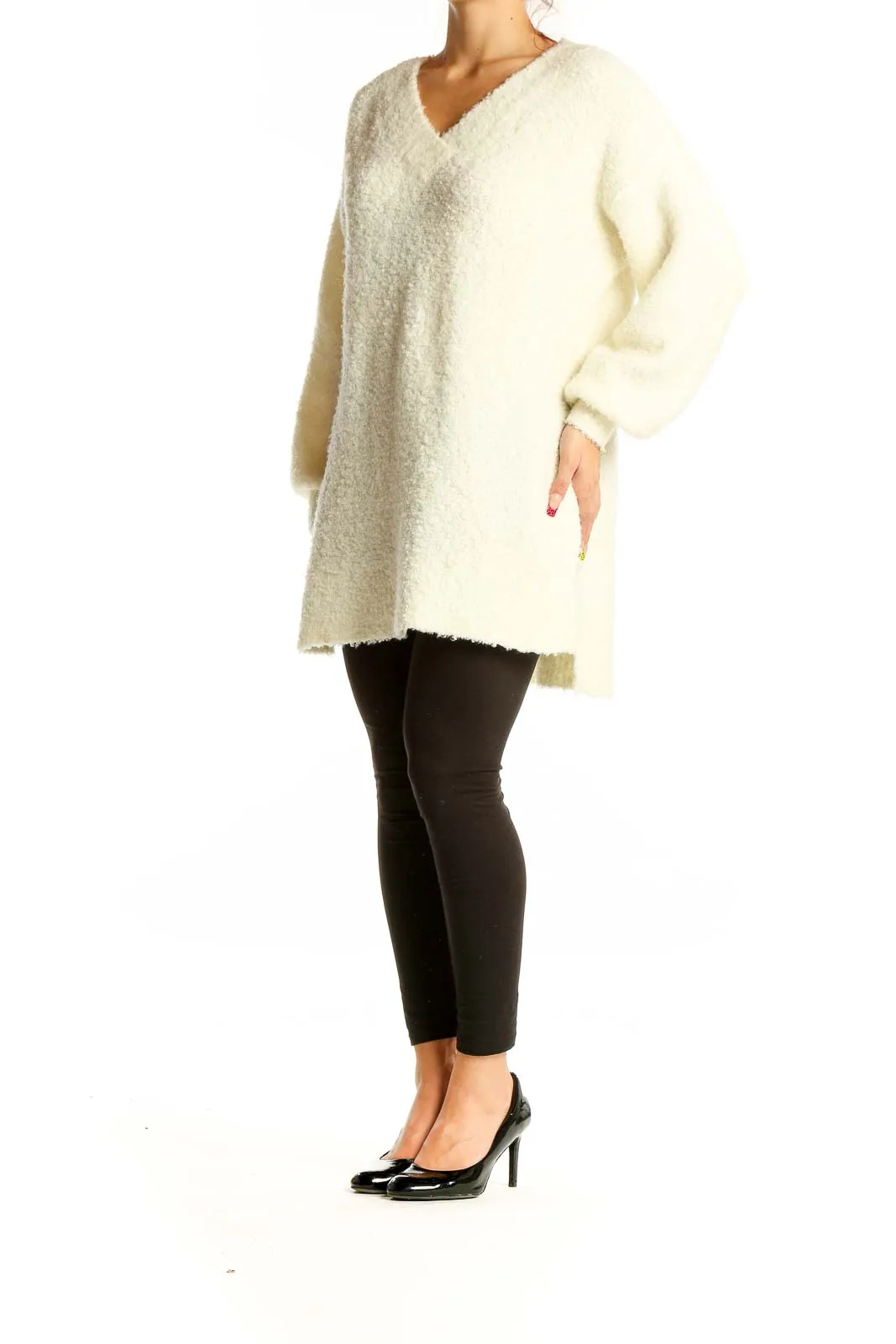 Cream Oversized V-Neck Fuzzy Sweater
