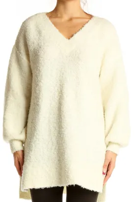 Cream Oversized V-Neck Fuzzy Sweater