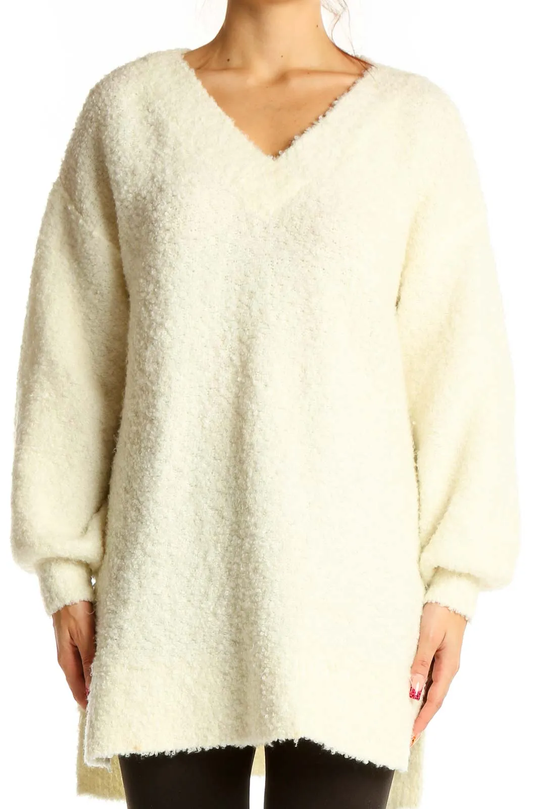 Cream Oversized V-Neck Fuzzy Sweater