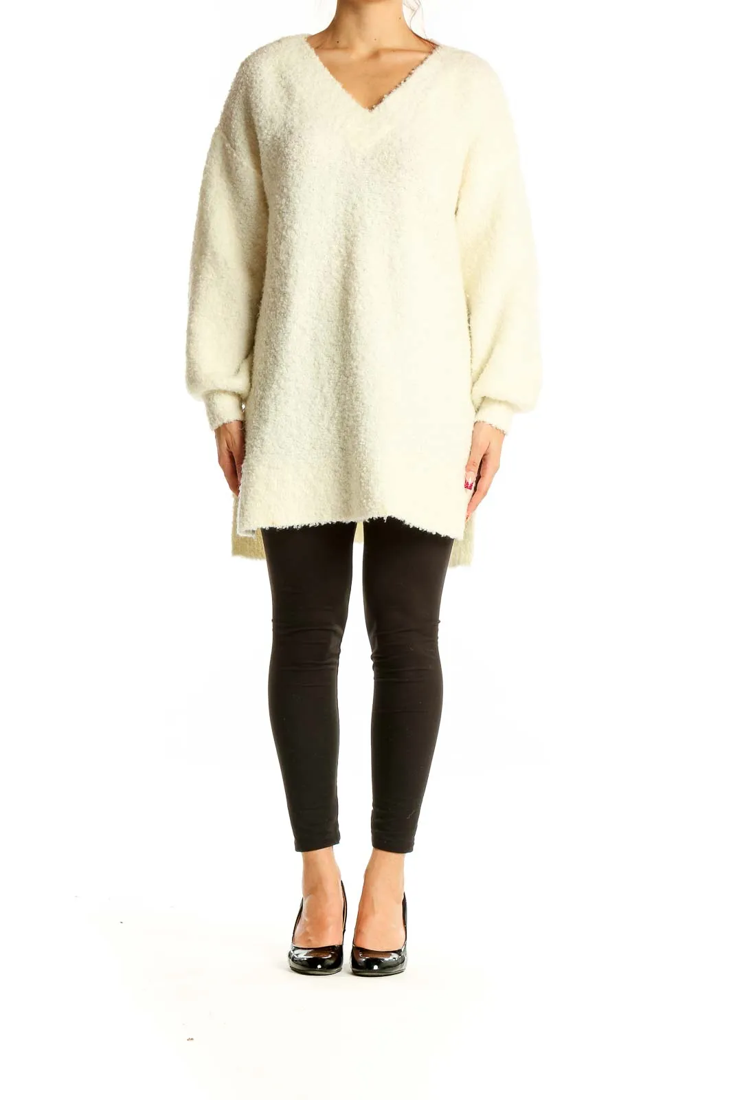 Cream Oversized V-Neck Fuzzy Sweater