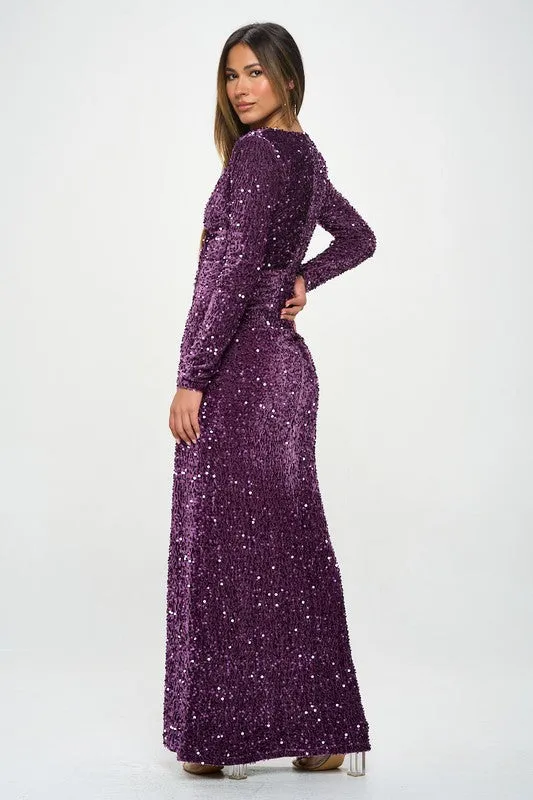 Dark Violet Long Sleeve Velvet Sequin Maxi Dress