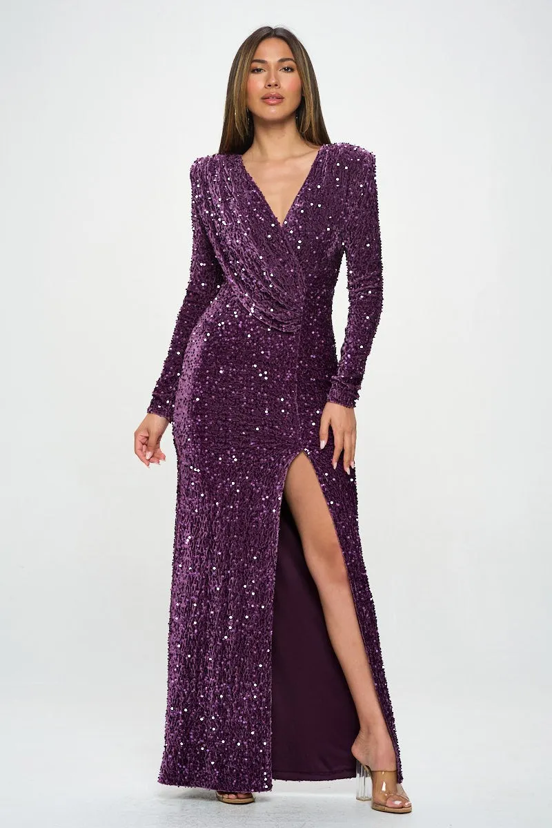 Dark Violet Long Sleeve Velvet Sequin Maxi Dress