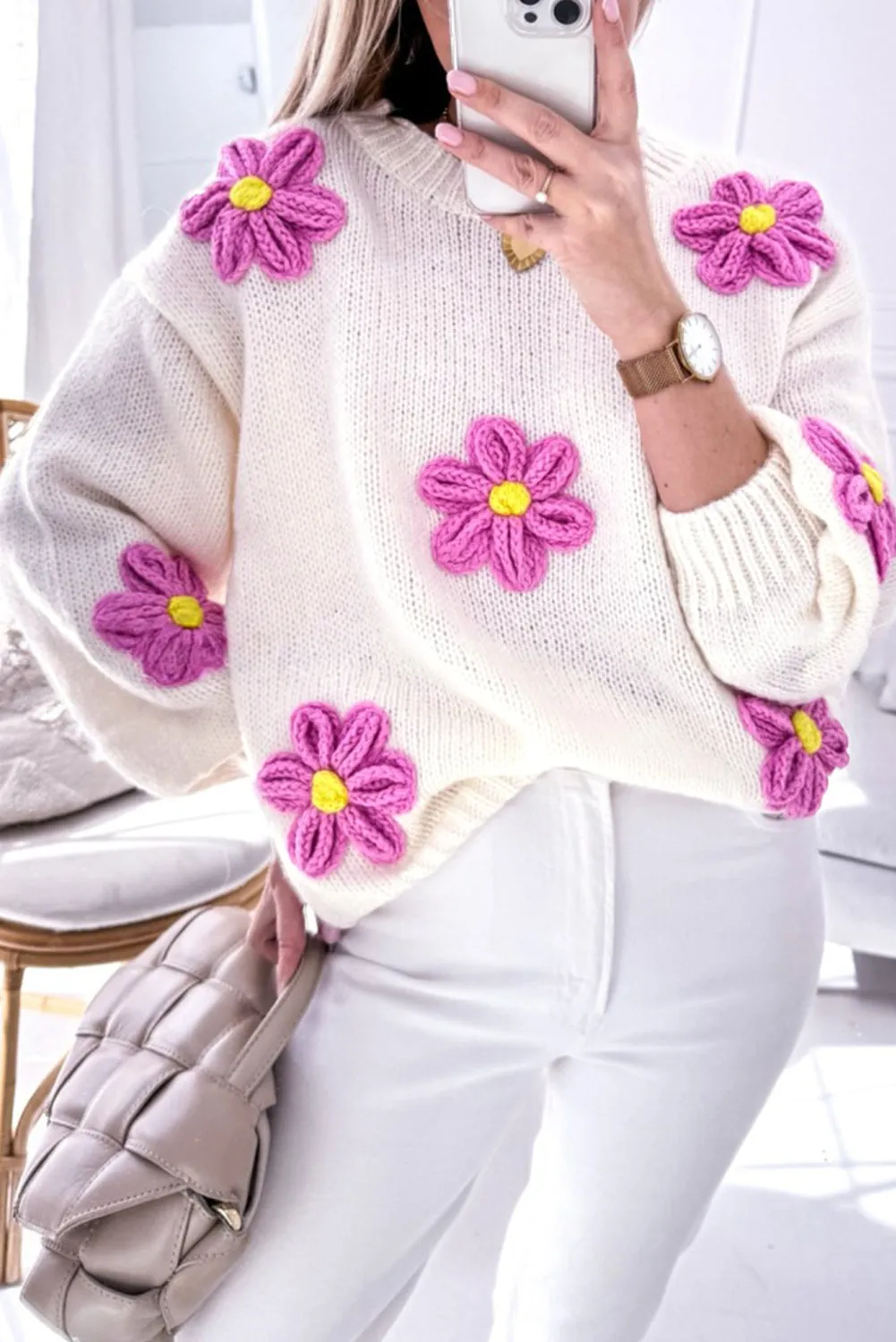 Floral Crochet Chunky Sweater
