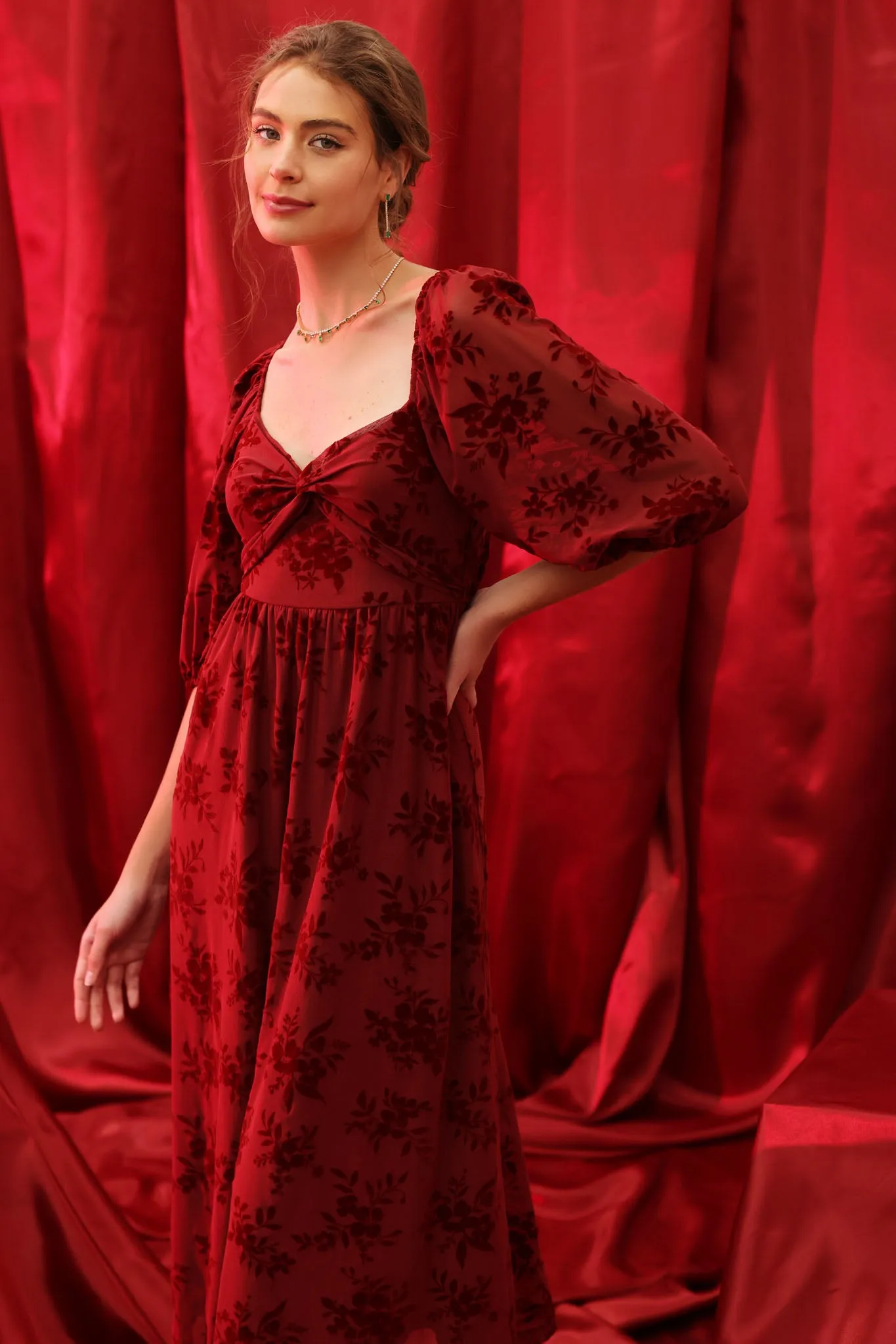 FLORAL VELVET LONG SLEEVE TWIST FRONT MIDI DRESS