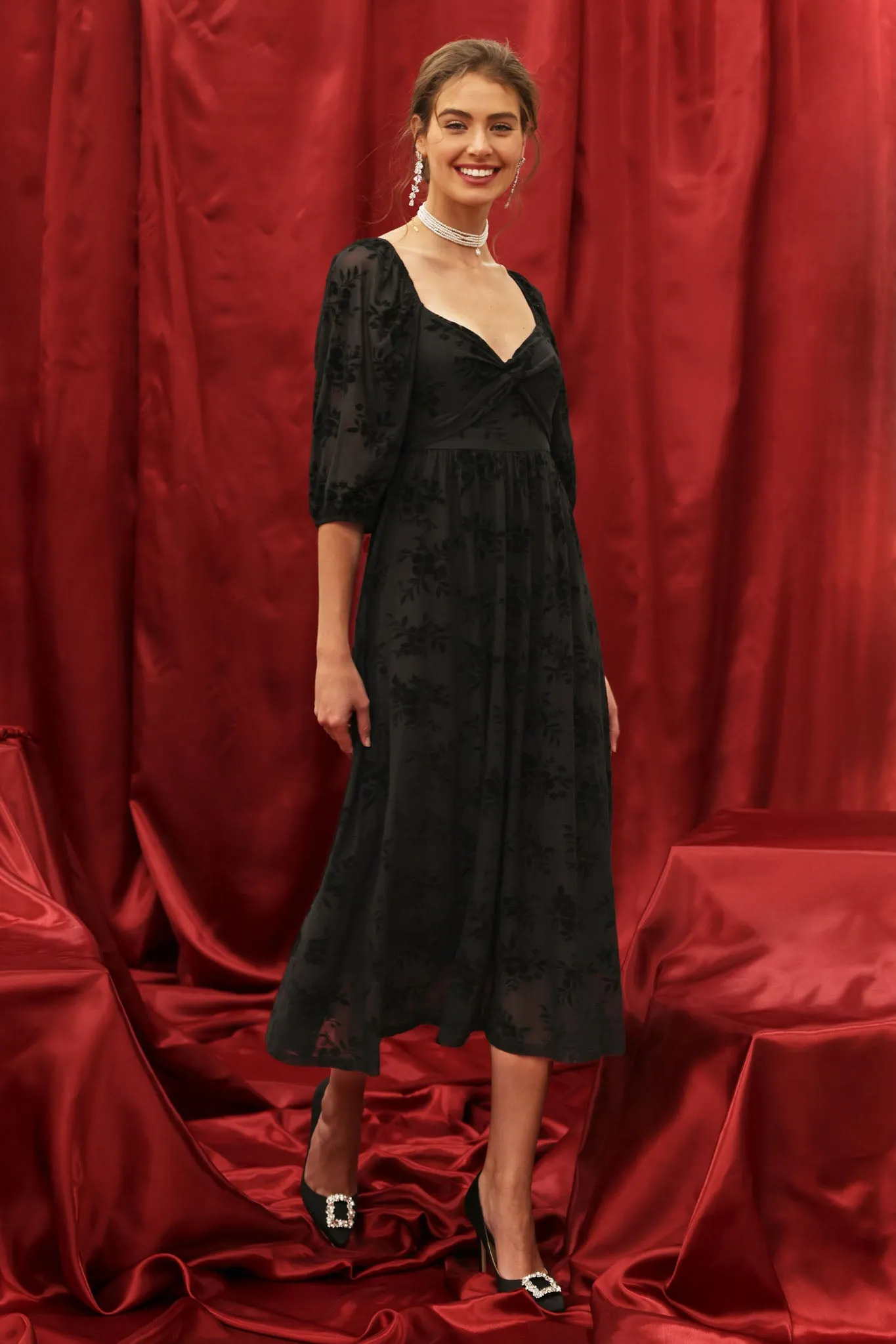 FLORAL VELVET LONG SLEEVE TWIST FRONT MIDI DRESS