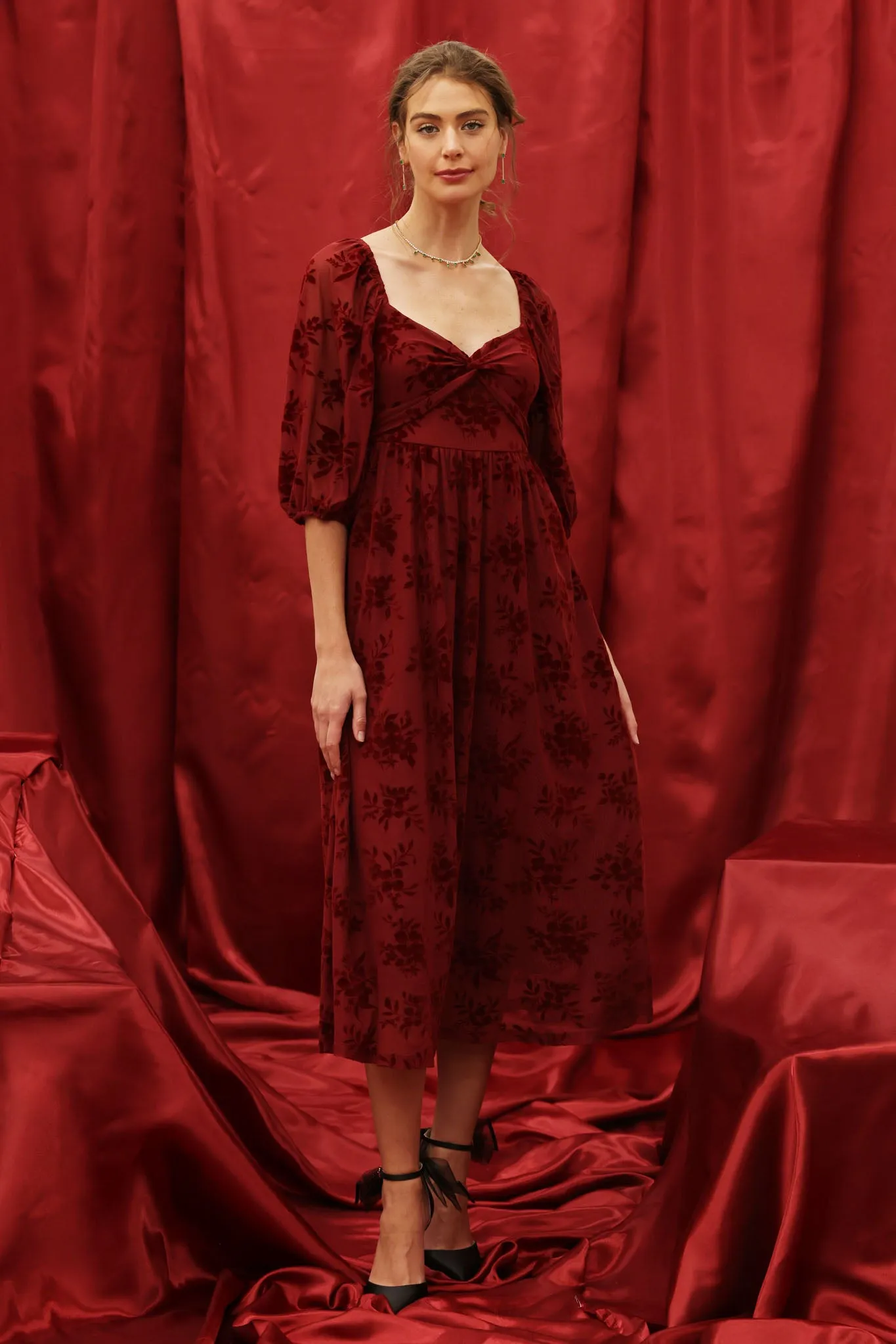 FLORAL VELVET LONG SLEEVE TWIST FRONT MIDI DRESS