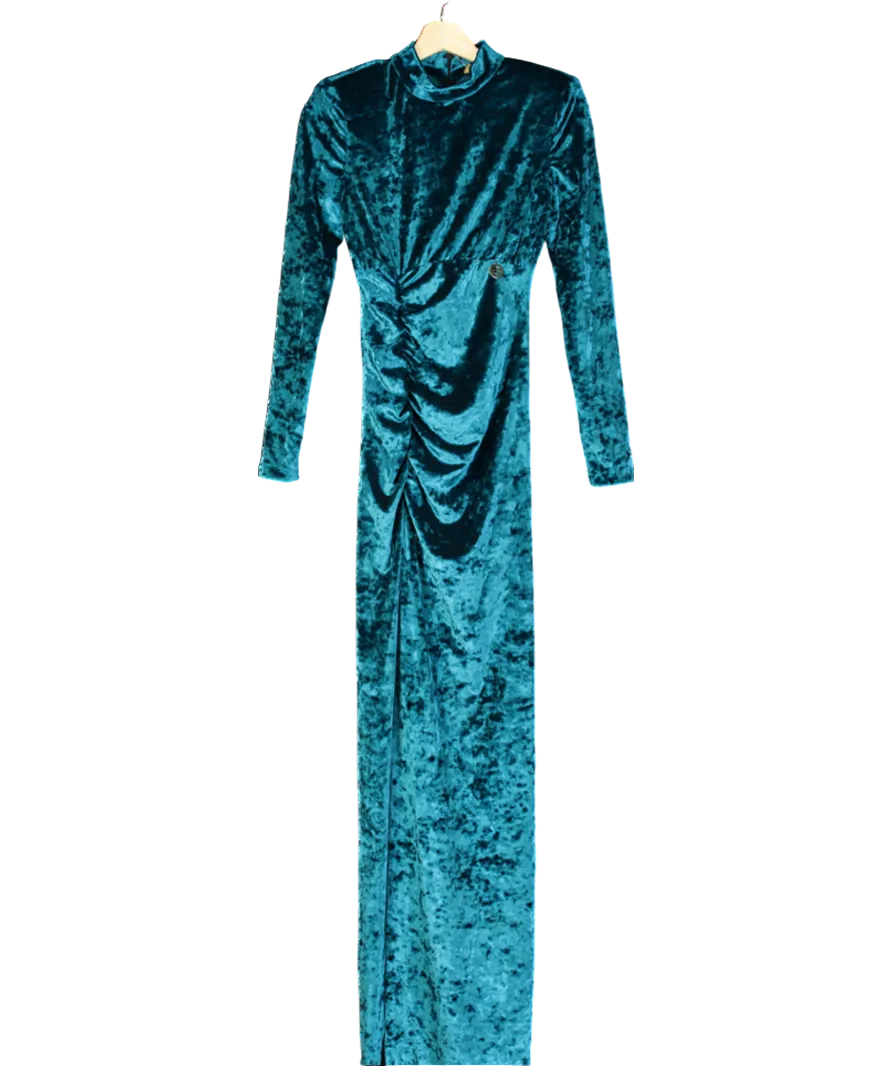 GAëLLE Blue Velvet Ruched Maxi Dress UK XS