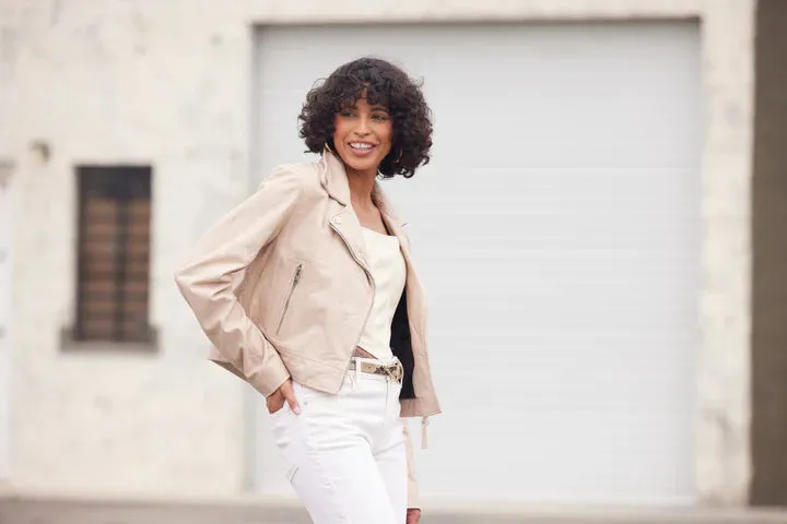 JULENE RF BEIGE LEATHER MOTO JACKET