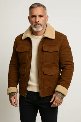 Mens Shearling Jacket  Suede-Like Finish  Structured Fit  Zip Front  Flap Pockets