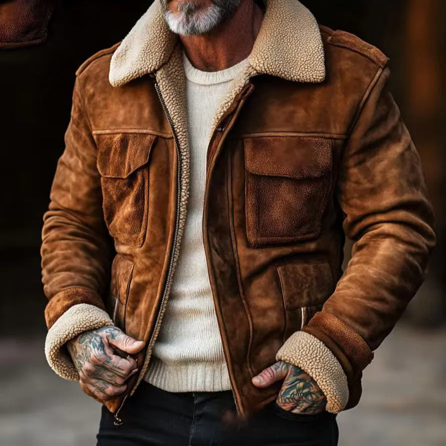 Mens Shearling Jacket  Suede-Like Finish  Structured Fit  Zip Front  Flap Pockets