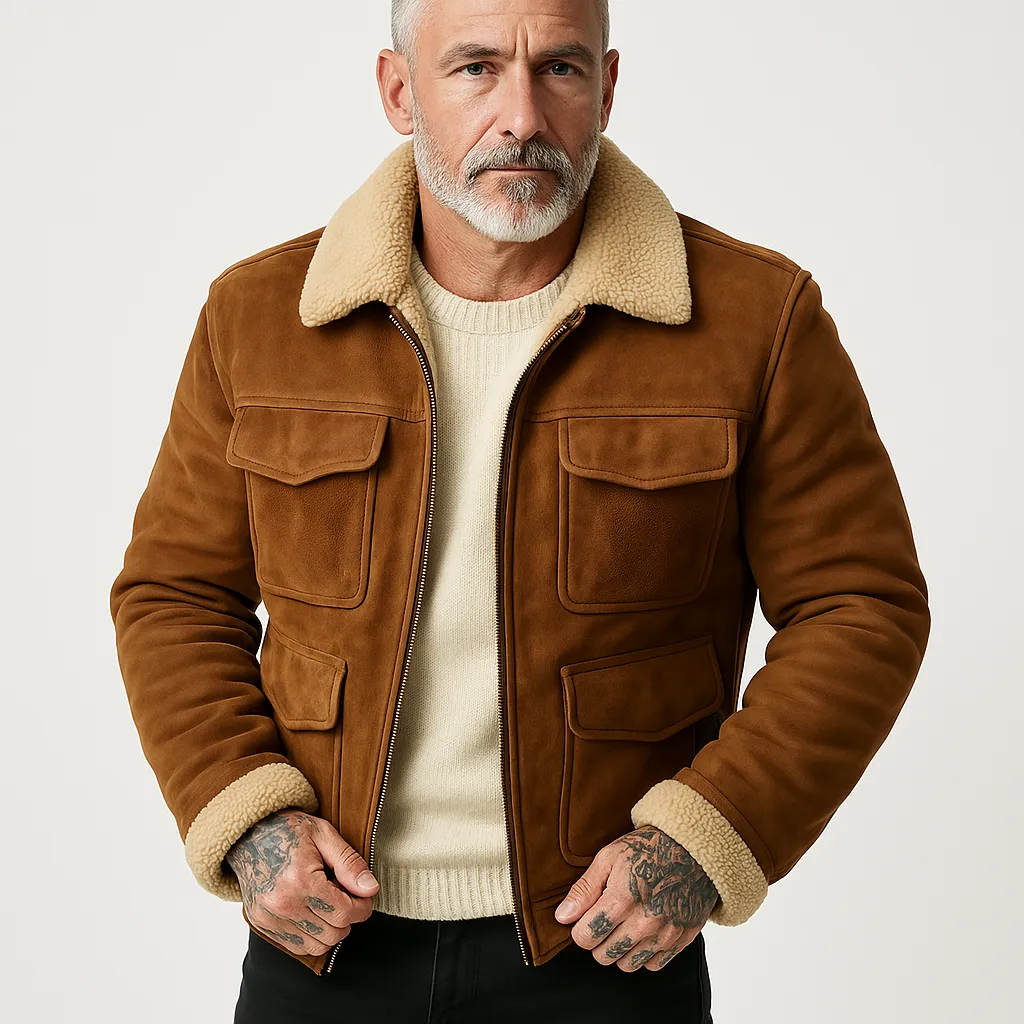Mens Shearling Jacket  Suede-Like Finish  Structured Fit  Zip Front  Flap Pockets