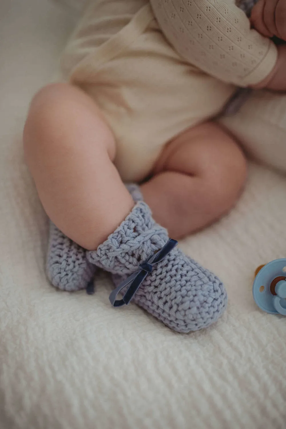 Merino Wool Baby Bonnet & Booties Set - Blue