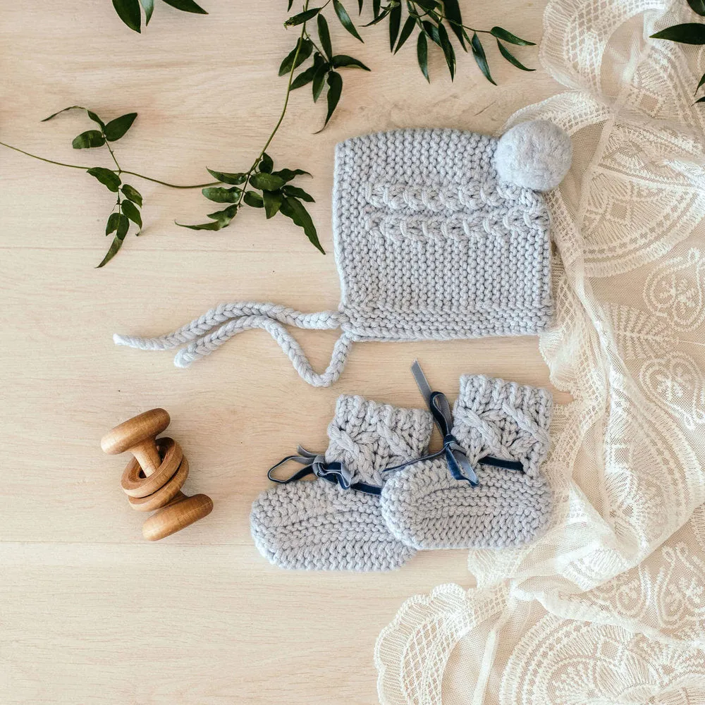 Merino Wool Baby Bonnet & Booties Set - Blue