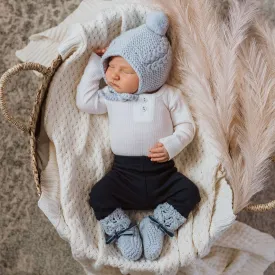 Merino Wool Baby Bonnet & Booties Set - Blue