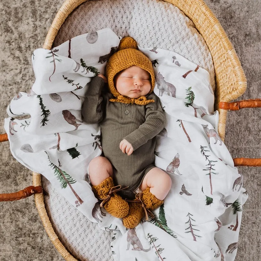 Merino Wool Baby Bonnet & Booties Set - Bronze