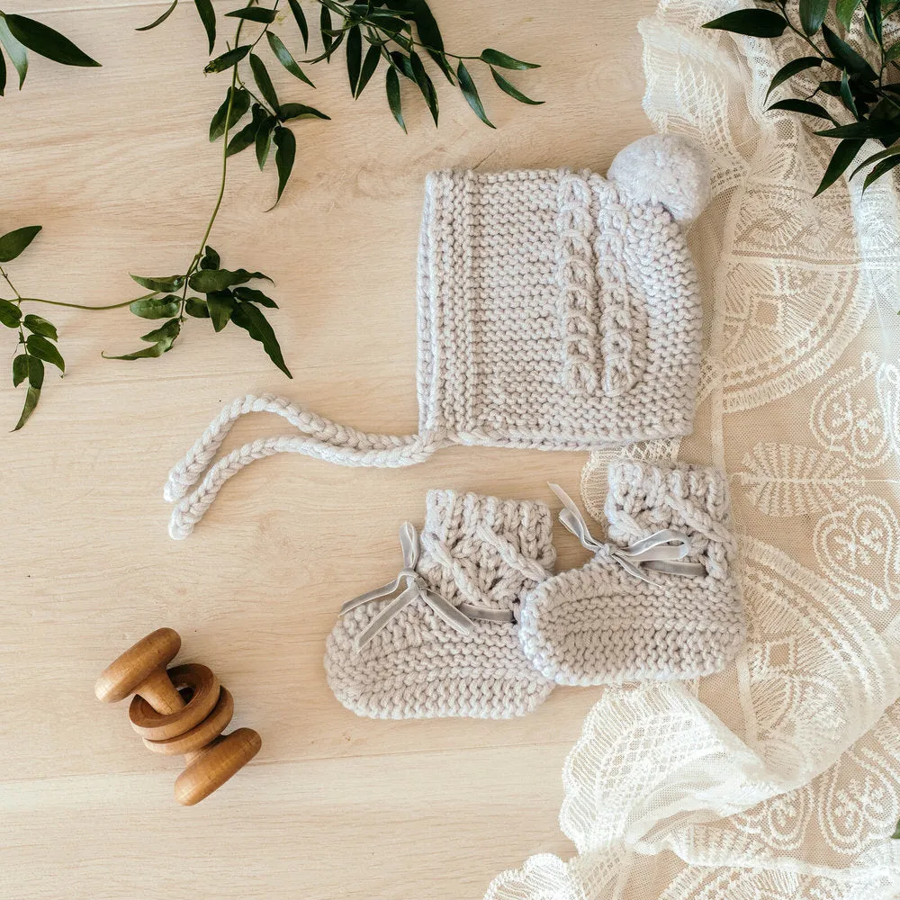 Merino Wool Baby Bonnet & Booties Set - Grey