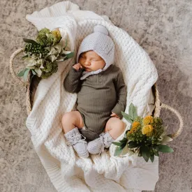 Merino Wool Baby Bonnet & Booties Set - Grey