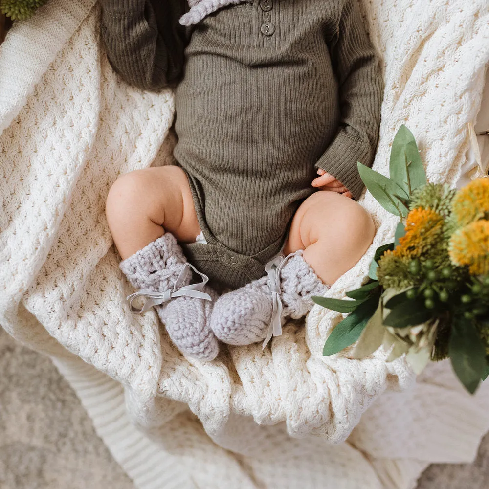 Merino Wool Baby Bonnet & Booties Set - Grey