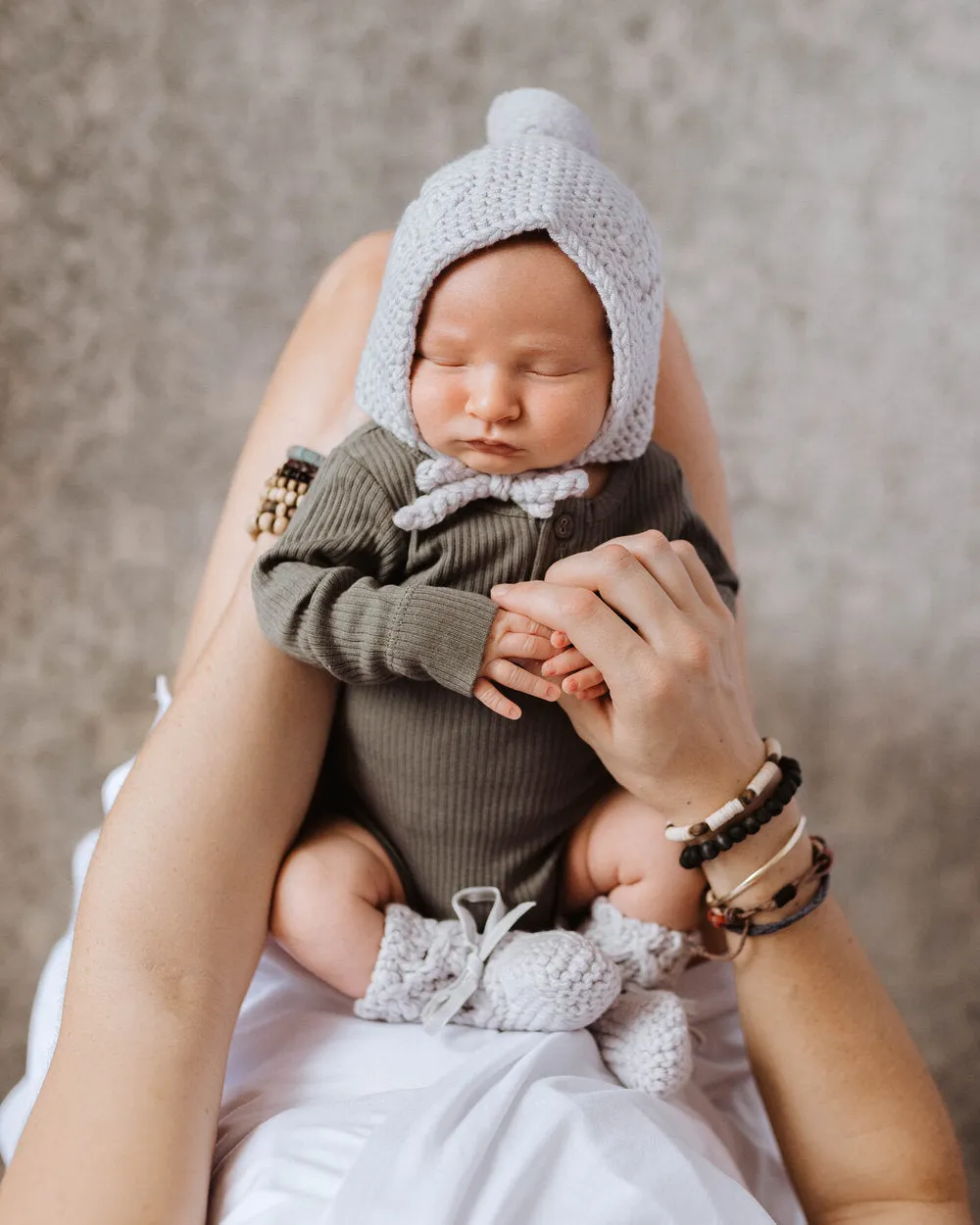 Merino Wool Baby Bonnet & Booties Set - Grey
