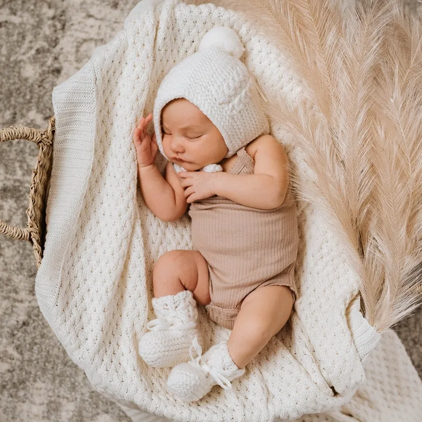 Merino Wool Baby Bonnet & Booties Set - Ivory