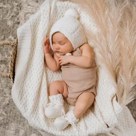 Merino Wool Baby Bonnet & Booties Set - Ivory