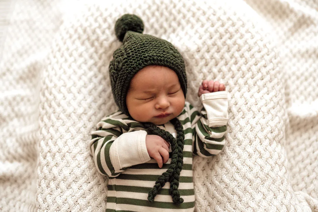 Merino Wool Baby Bonnet & Booties Set - Olive