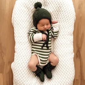 Merino Wool Baby Bonnet & Booties Set - Olive