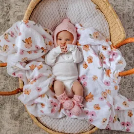 Merino Wool Baby Bonnet & Booties Set - Pink