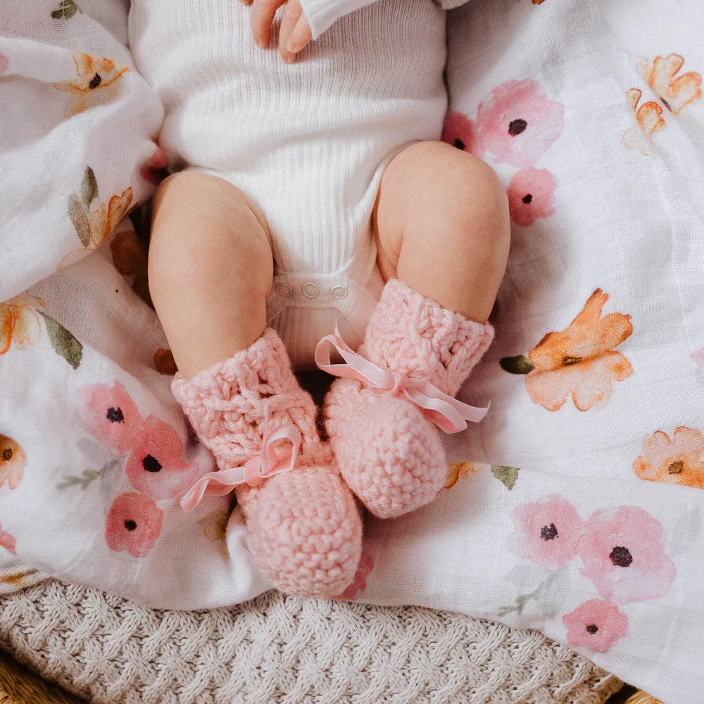 Merino Wool Baby Bonnet & Booties Set - Pink