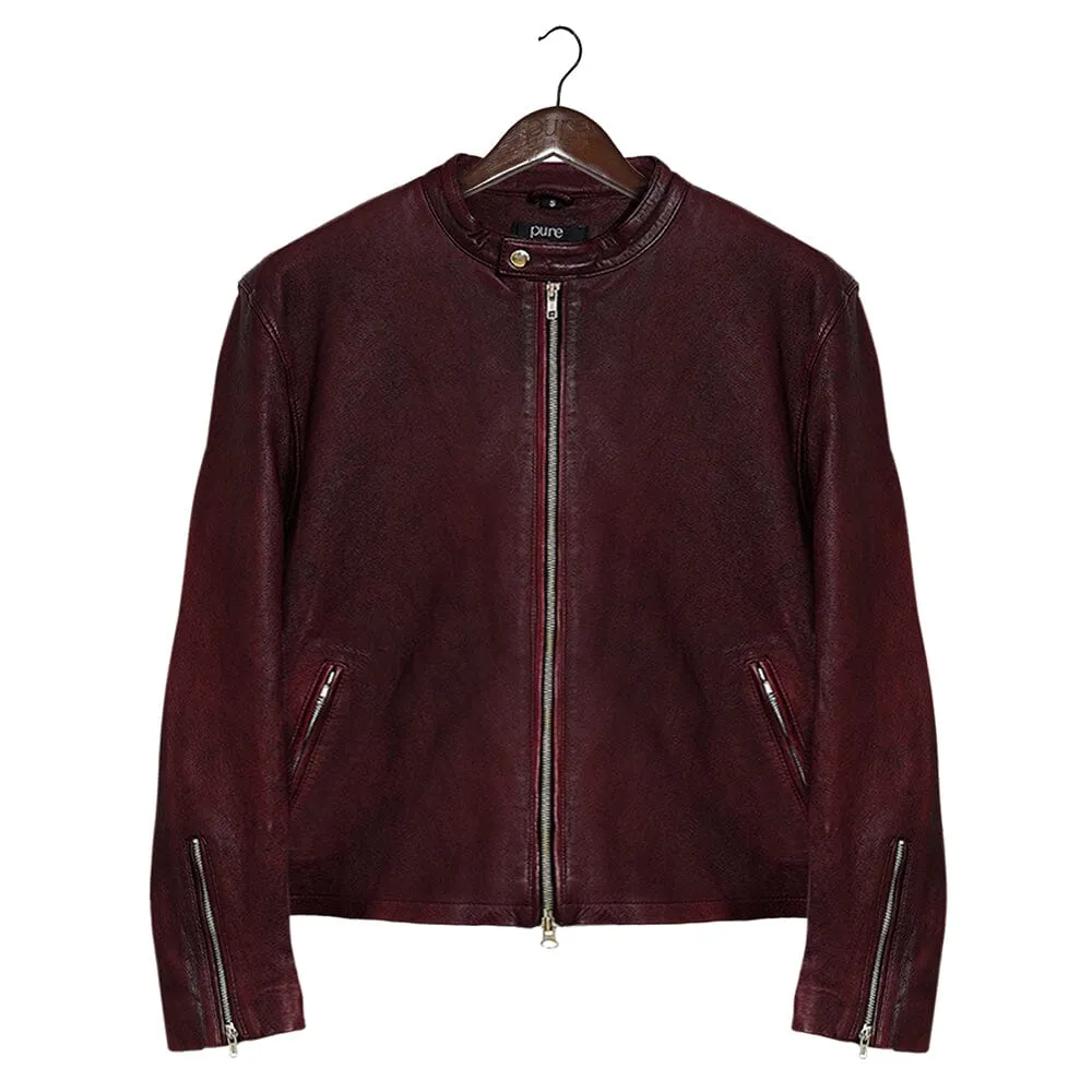Moto Racer Mens Burgundy Leather Jacket