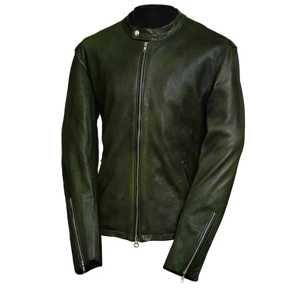 Moto Racer Mens Green Leather Jacket