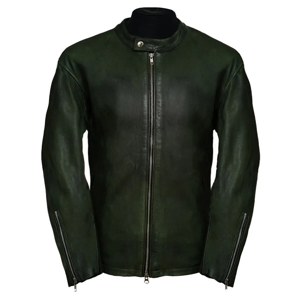 Moto Racer Mens Green Leather Jacket