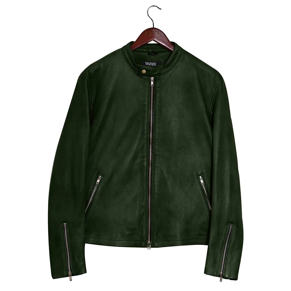 Moto Racer Mens Green Leather Jacket